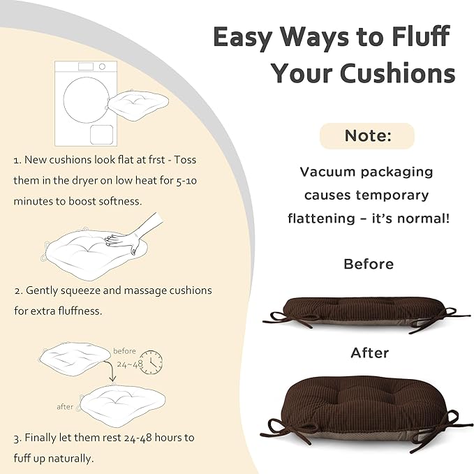 ELFJOY Dining Chair Cushions Set of 2 Thick Non Slip Kitchen Chair Pads with Ties Comfortable Indoor Kitchen Seat Cushions 18" x 18" x 3" Brown