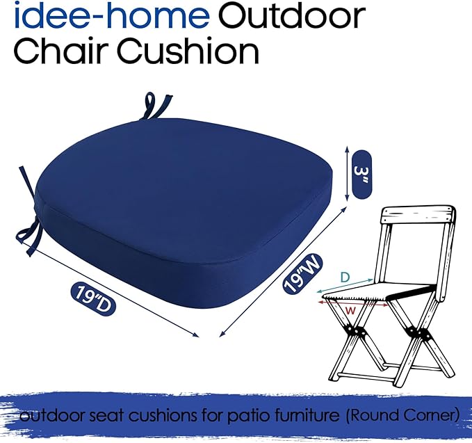 idee-home Outdoor Chair Cushions Set of 2, 19" x 19" x 3" Thick D-Shaped Patio Furniture Outdoor Seat Cushions Waterproof with Ties, Dining Pads
