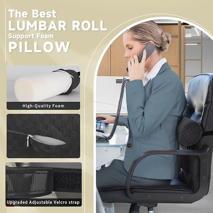 Lumbar Roll Pillow for Lower Back, Lumbar Support Foam Roll Cushion with Pillowcase and Upgraded Strap for Office, Chair, Car, Seat Pain Relief & Improving Posture (Dark Grey, Short-11 * 4.3'')
