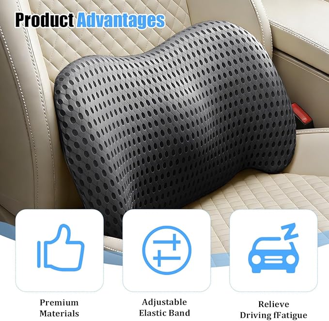Car Lumbar Support Pillow, Memory Foam Ergonomic Vehicle Lower Back Support Cushion for Back Pain Relief and Sciatica, Automotive Seat Lumbar Pillow, Universal for Vehicles (Dark Gray)
