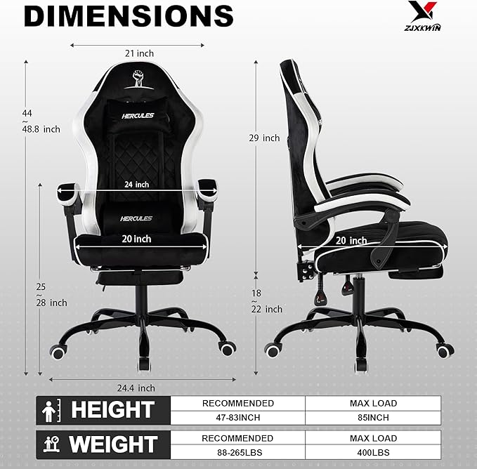 Velvet Gaming Chair, Ergonomic High Back Racing Chair with Footrest, Spring Wide Cushion, Adjustable Headrest & Lumbar Support, 90-135° Recline, 360° Swivel, 300lbs for Home Office, White