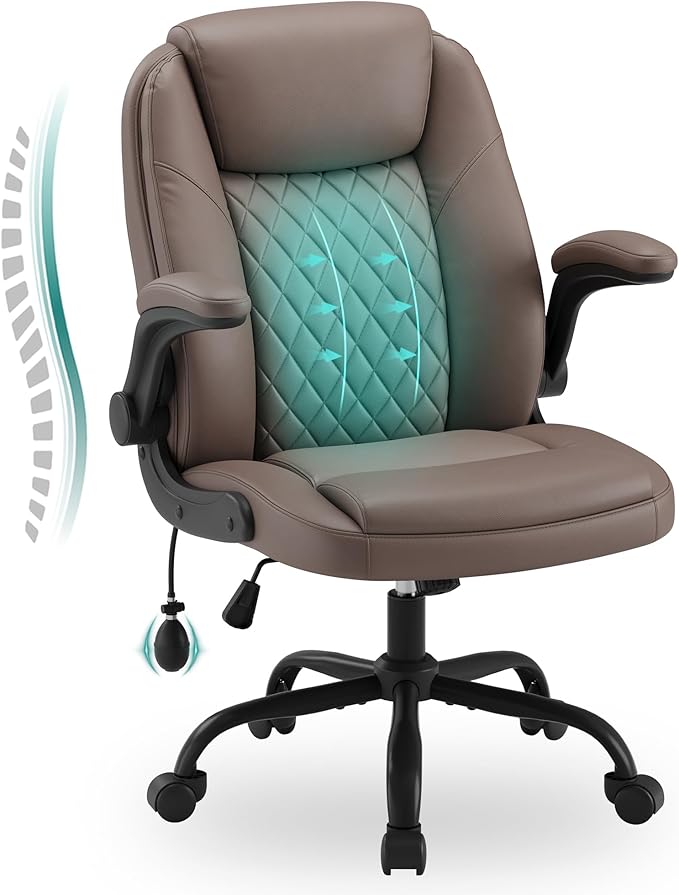 MALOL Leather Office Chair, Home Desk Chair with Adjustable Lumbar Support, Thick Cushion, Flip-Up Arms and Ergonomic Back, Comfy Executive Office Chair for Home Office, Brown