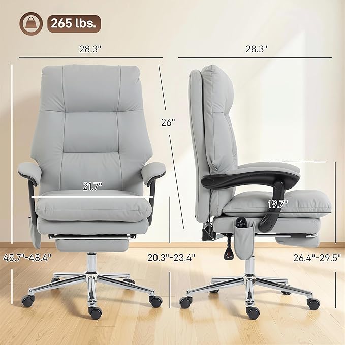 HOMCOM Massage Office Chair with 6-Point Vibration, Pet-Friendly Faux Leather Ergonomic Executive Desk Chair with Double-Layer Spring Cushions, Wide Seat, High Back, Reclining, Footrest, Light Gray