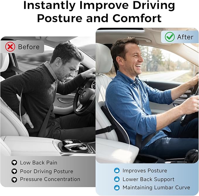 Lumbar Support Pillow for Car & Office Chair - High-Density Memory Foam Back Cushion for Sciatica & Lower Back Pain Relief - Non-Slip Support for Long Commutes & Desk Workers (Dark Gray)