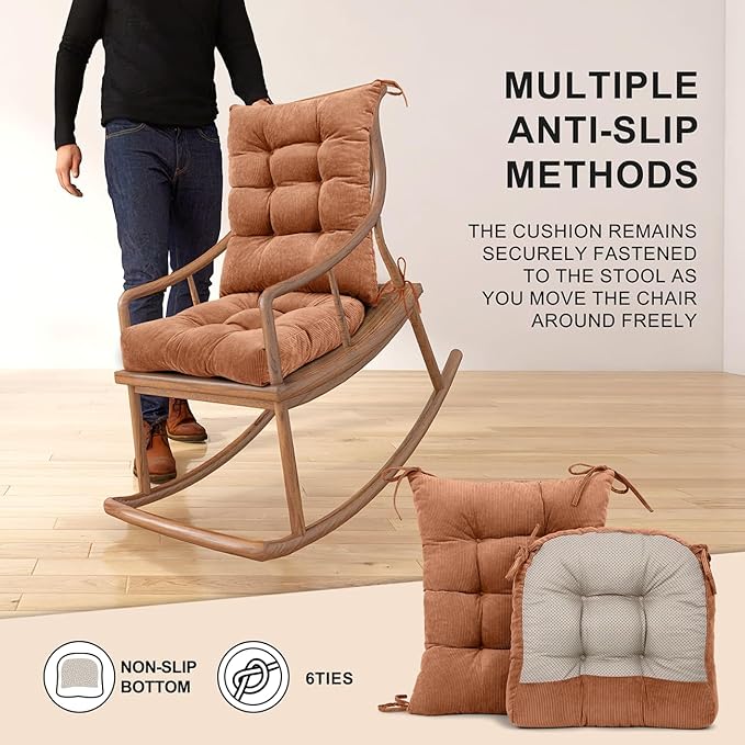Lokex Rocking Chair Cushion Only,Tufted Non-Slip Comfortable Rocking Chair Cushions Indoor with Ties,Striped Rocking Chair Pads (Brown-S2064-6, 21x17/17x17)