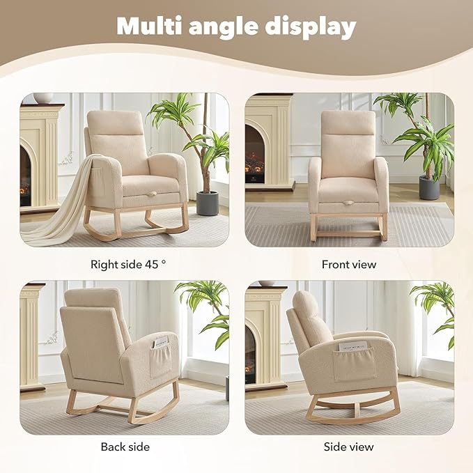 Rocking Chair Nursery Chairs with Foot Rest, Recliner Armchair with High Backrest& Wood Legs and Side Pocket for Living Room,Bedroom,Beige