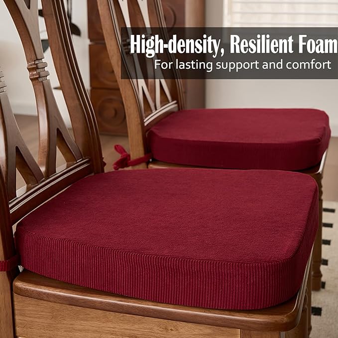 2'' Thick High-Density Foam Indoor Chair Cushions | Dining Chair Pads with Ties, Removable Washable Cover, Kitchen Chair Cushions 17"x16", Wine Red 2 Pack