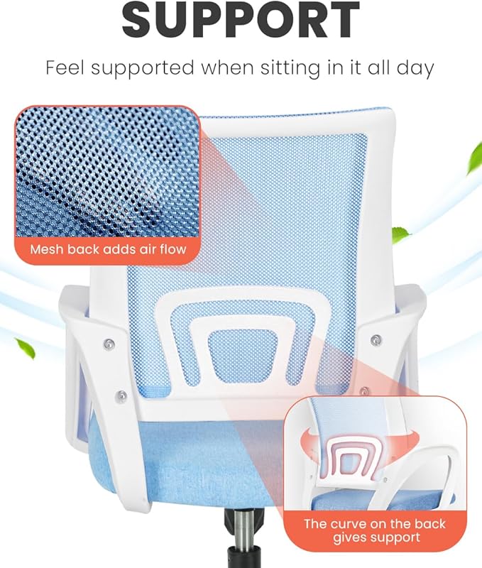 NEO CHAIR Office Desk Computer Chair Ergonomic Mesh Gaming Cushion Seat with Comfy Lumbar Mid Back Support Adjustable Height Swivel Rolling Wheels for Home Task (Sky Blue)