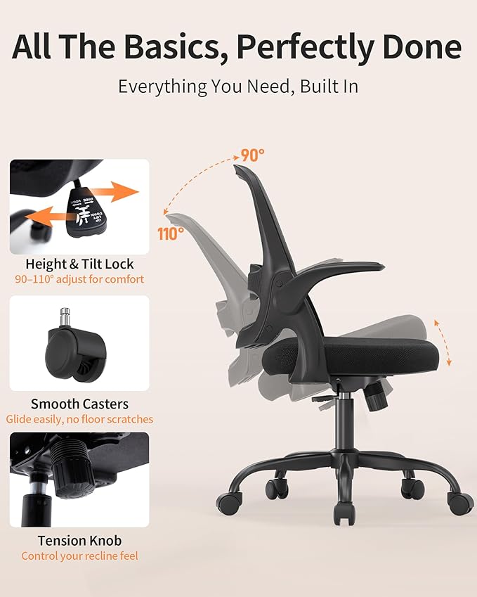 Ergonomic Mesh Office Chair with Flip-Up Arms, Adjustable Height, Breathable Mesh Back & Thick Cushion Seat, 360° Swivel Rolling Computer Desk Chair, BIFMA Certified, Supports 300 lbs (Black)