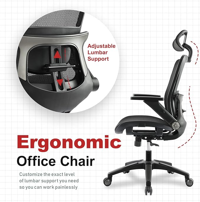 Office Chair Ergonomic Mesh Chair High Back Computer Desk Chair with 3D Armrest Adjustable Lumbar Support and Headrest Receling Chair, Black