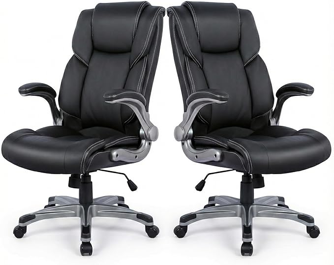 Ergonomic Executive Office Chair with Lumbar Support, Flip-Up Arms, Bonded Leather High Back Desk Chair for Home Office & Workstation, Comfortable Computer Chair for Adults Men Women – Black Set of 2