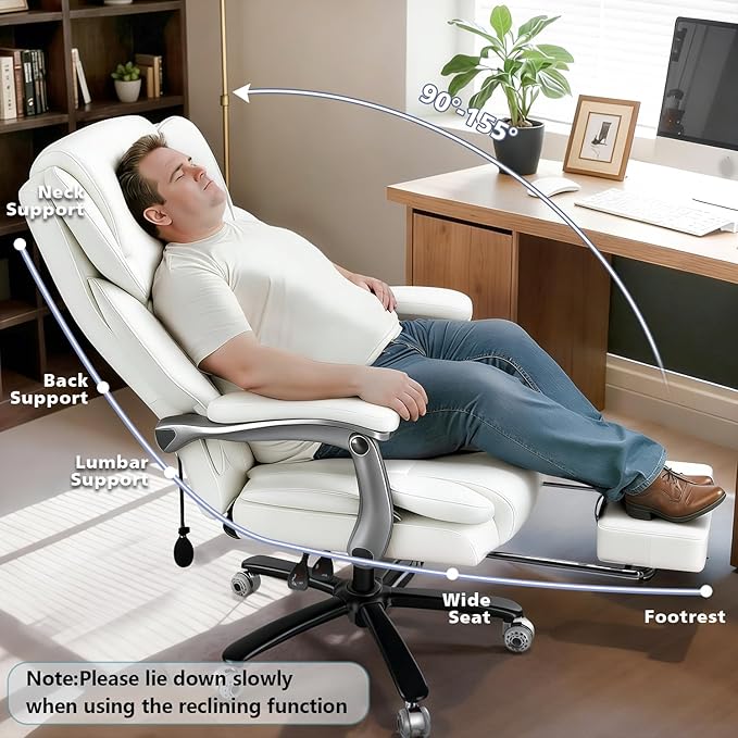 WAILOR 600lbs Big and Tall Office Chair for Heavy People,Heavy Duty Comfy Executive Office Desk Chair with Adjustable Lumbar Support,High Back Reclining PU Leather Computer Chair (Classic, White)