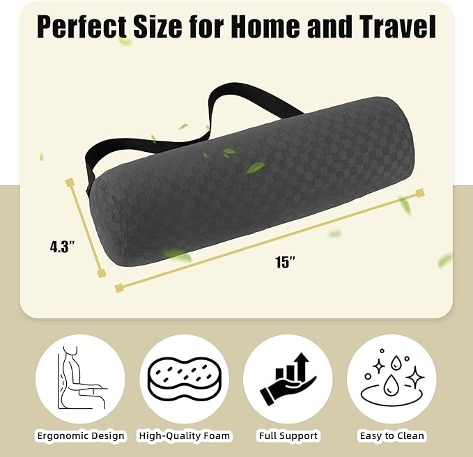 Lumbar Roll Pillow for Lower Back, Lumbar Support Foam Roll Cushion with Pillowcase and Upgraded Strap for Office, Chair, Car, Seat Pain Relief & Improving Posture (Dark Grey, Long-15 * 4.3'')
