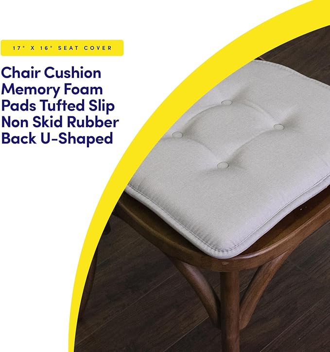 Sweet Home Collection Chair Cushion Memory Foam Pads Tufted Slip Non Skid Rubber Back U-Shaped 17" x 16" Seat Cover, 12 Count (Pack of 1), Light Gray