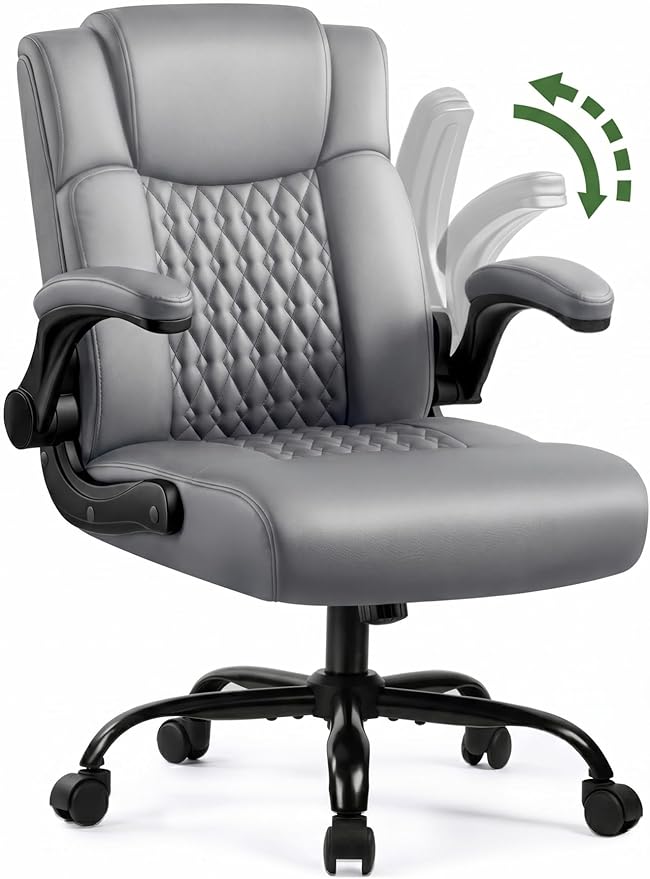 Office Chair PU Leather, Ergonomic Computer Desk Chair with Lumbar Support, Executive Leather Chair with Wheels & Flip-up Armrest, Small Home Office Desk Chair for Short People Use, Grey