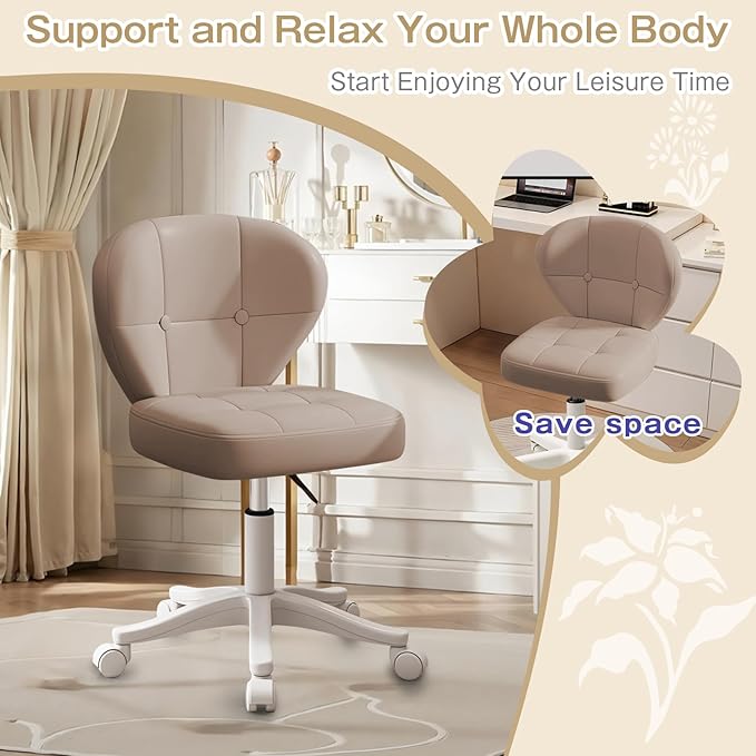 Vanity Chair with Back – Small Armless Office Chair with Wheels, Lumbar Support, PU Leather, Adjustable Height, 360° Swivel for Home, Bedroom, Office Khaki Set of 2