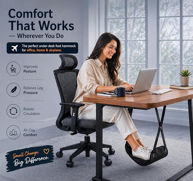 Airplane Foot Rest Hammock – Travel Footrest for Airplane with Memory Foam, Adjustable Foot Sling for Long Flights, Portable Carry Bag, Eye Mask & Earplugs – Flight Accessories Must Have