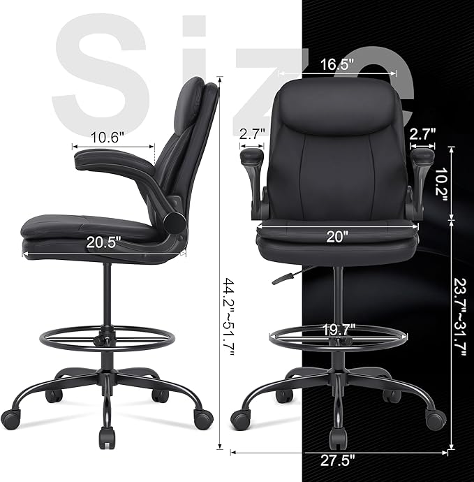 Misolant Drafting Chair, Tall Office Chair for Standing Desk, High Leather Executive Office Chair with Adjustable Height and Flip-up Armrest for Counter Height Desk