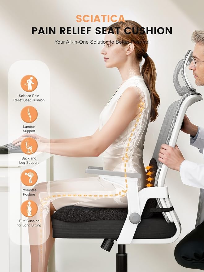 Office Chair Seat Cushion for Long Sitting Workers - L-Shaped Ergonomic Memory Foam with Tailbone Support & Adjustable Strap