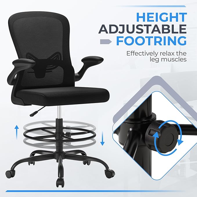 Devoko Ergonomic Drafting Chair with Flip-up Armrests,Executive Tall Office Chair Standing Chair with Lumbar Support and Adjustable Footrest Ring for Standing Desk(Black)