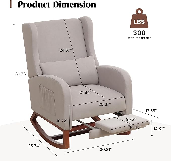 HCHAIRH Rocking Chair Nursery, Nursery Rocking Chairs with Foot Rest, Comfy Glider Rocker Nursing Chair with Back Pillow for Nursing, Living Room, Bedroom, Light Grey
