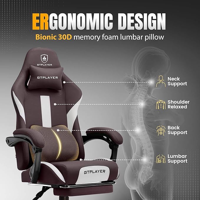 GTPLAYER Gaming Chair with Foot Rest & Pocket Spring Cushion, Ergonomic High Back Computer Desk Chair with Headrest & Lumbar Support for Back Pain Relief, Breathable Fabric, Brown
