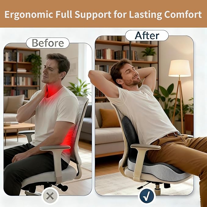 Orthopedic Cushion, L-Shaped Ergonomic Design Seat Cushion, Non Slip Memory Foam Car Cushion with Back Support for Tailbone & Hips Pain Relief, Suitable for Office, Car, Home, Long Sitting