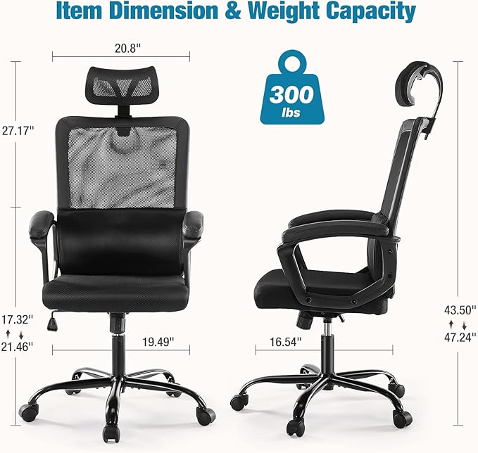 OLIXIS Ergonomic High Back Office Chair – Breathable Mesh with Adjustable Headrest and Lumbar Support, Executive Padded Armrest, Height Computer Task Swivel Rolling, Black (WY56597BK)