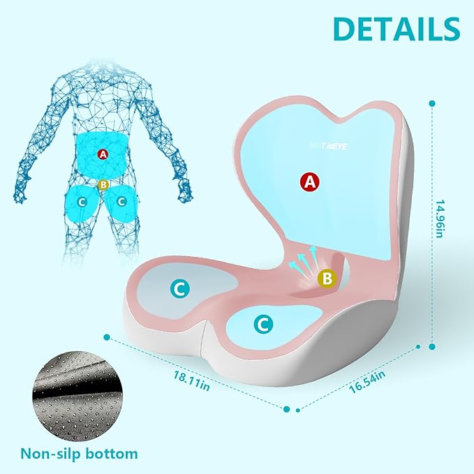Orthopedic Memory Foam Seat Cushion with Adjustable Strap, Coccyx & Sciatica Pain Relief, Washable Non-Slip for Long Sitting, Ergonomic Posture Support for Office Chair, Car & Wheelchair (Pink Grey)