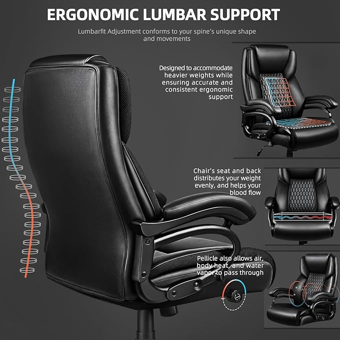 VITESSE 500lbs Heavy Duty Office Chair for Low Back Pain Relief, Big and Tall Office Chair with Ergonomic Lumbar Support, High Back Executive Chair with Quiet Rubber Wheel