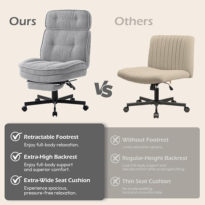 Criss Cross Chair with Wheels - Home Office Desk Chairs with Foot Rest, Morden Comfy Swivel Makeup Chair for Vanity, Ergonomic Cross Legged Office Chair with High Back & Wide Seat, Grey