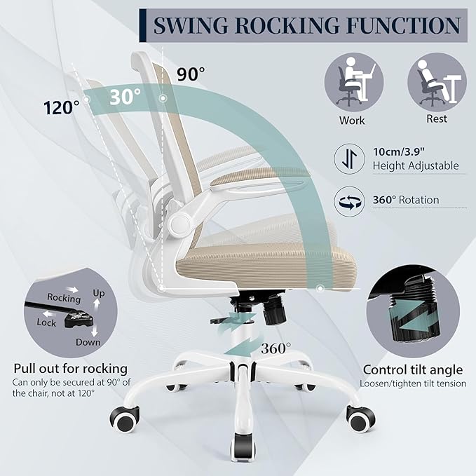Ergonomic Office Chair 2026 - Mesh Desk Chair with Flip-up Armrests, Adjustable Height and Lumbar, 360° Swivel Comfortable Computer Chairs for Home, Conference Room, Reception, Kahki
