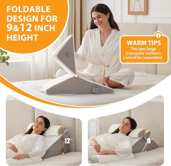 Ruqmuis 4PCS Wedge Pillow Set for After Surgery, Adjustable 9&12 Inch Bed Wedge Pillow for Sleeping, Incline Pillow Wedge for Headboard, Post Surgery, Acid Reflux, Neck&Back Support, White/Grey
