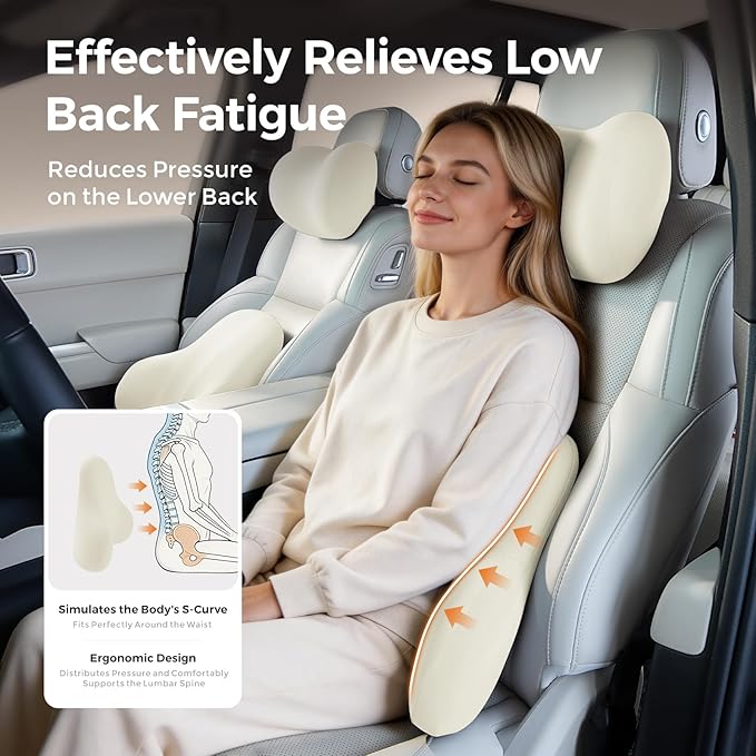 BABUR Lumbar Support Pillow for Car, Ergonomic Memory Foam Support Pillow for Lower Back Pain Relief, Washable Cover, Lumbar Cushion for Driving Seat, Fits Most Cars | Beige