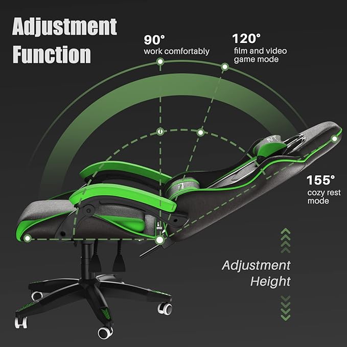 Racingreat Gaming Chair High Back, Ergonomic Computer Gamer Chair with Headrest and Lumbar Support, Racing Style Reclining Game Chair for Adults, Kids (Green-Black)