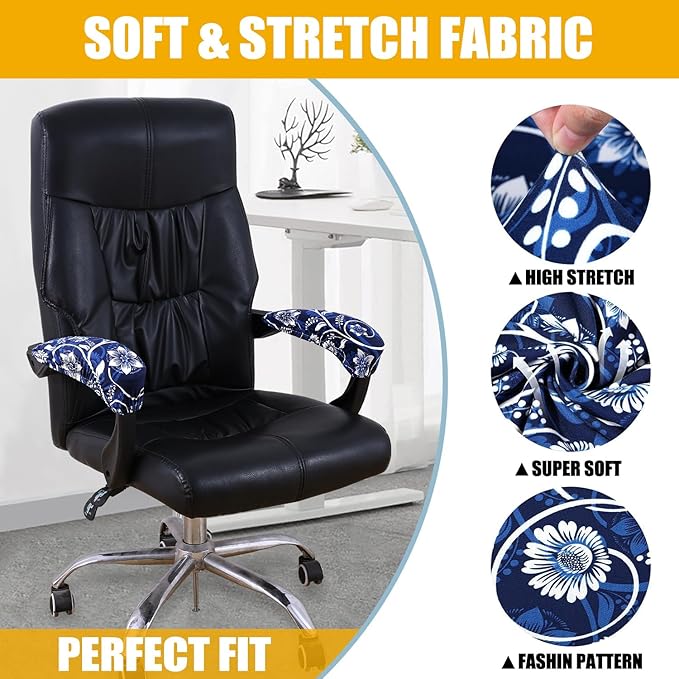 Smiry Stretch Printed Office Chair Armrest Covers, 2 Pcs Soft Fit Removable Washable Computer Desk Chair Arm Covers Protector, Navy Blue