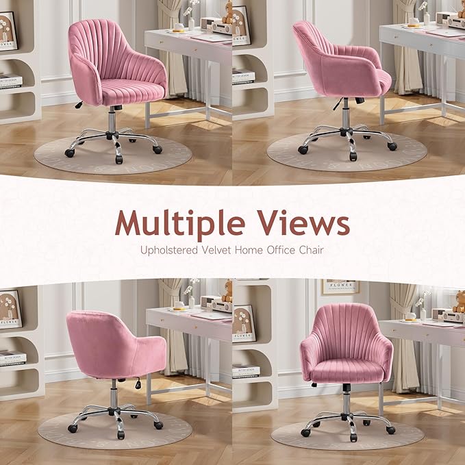 Warmiehomy Vanity Chair, Velvet Office Chair, Desk Chair for Home Office, Comfy Task Chair with Arm Rest for Reading Makeup, Dusty Rose