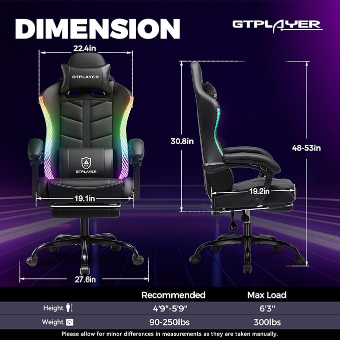 GTPLAYER RGB Gaming Chair with Footrest, Computer Gaming Chair with LED Lights for Adults, Height Adjustable PC Gamer Chair with 90-155° Recline & Removable Headrest Lumbar Support, RGB Black