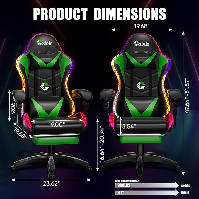 Czlolo Gaming Chair, Racing Style RGB LED Lights Gaming Chairs for Adults and Kids, Lumbar Massager Gamer Chair, High Back Reclining Computer Chair with Footrest and Headrest (Black/Green)