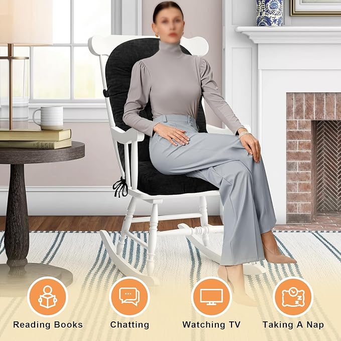 Rocking Chair Cushion - Chenille Fabric, High-Density Sponge, Durable Comfort Double-Sided Tufted Seat Pads with Ties, Chenille︱Black, 44x19x4 inch