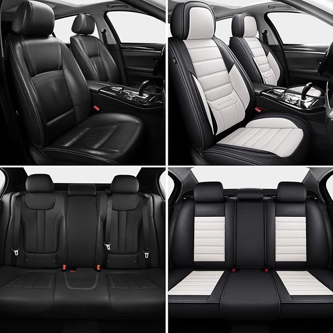 MINGBRON Car Seat Covers Full Set,Black White Car Seat Cover, Car Seat Protector Waterproof, Nappa Leather Car Seat Cushion, Fit for Most Cars