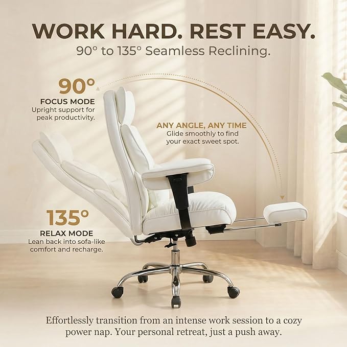Efomao Big and Tall Office Chair 400lbs - Heavy Duty Reclining Desk Chair with Footrest, Spacious High Back PU Leather Executive Chair, Double-Layer Spring Support, White