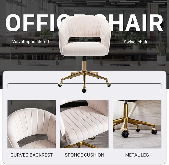 Home Office Chair Swivel Velvet Desk Chair Accent Armchair Upholstered Modern Tufted Chairs with Gold Base for Girls Women Ergonomic Study Seat Computer Task Stools for Living Room(Cream)