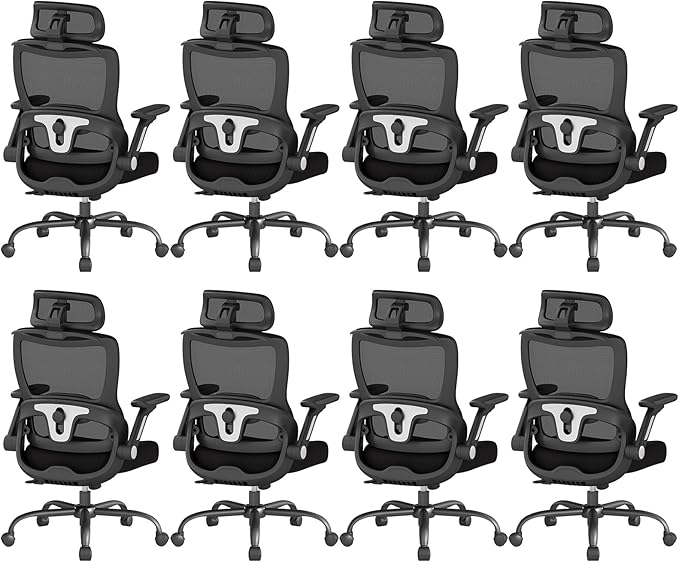 Ergonomic Office Chair, Home Computer Chair with 3D Adjustable Headrest and 4D Flip-Up Armrests, Adjustable Lumbar Support, Suitable for Office and Study, 8PC, Black