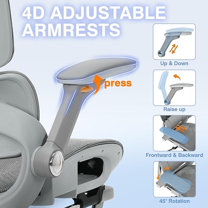 Ergonomic Mesh Office Chair with Footrest, High Back Desk Chair with 4D Armrests, 3-Zone Dynamic Lumbar Support, Ergonomic Office Chair with Wheels (Silver Gray)