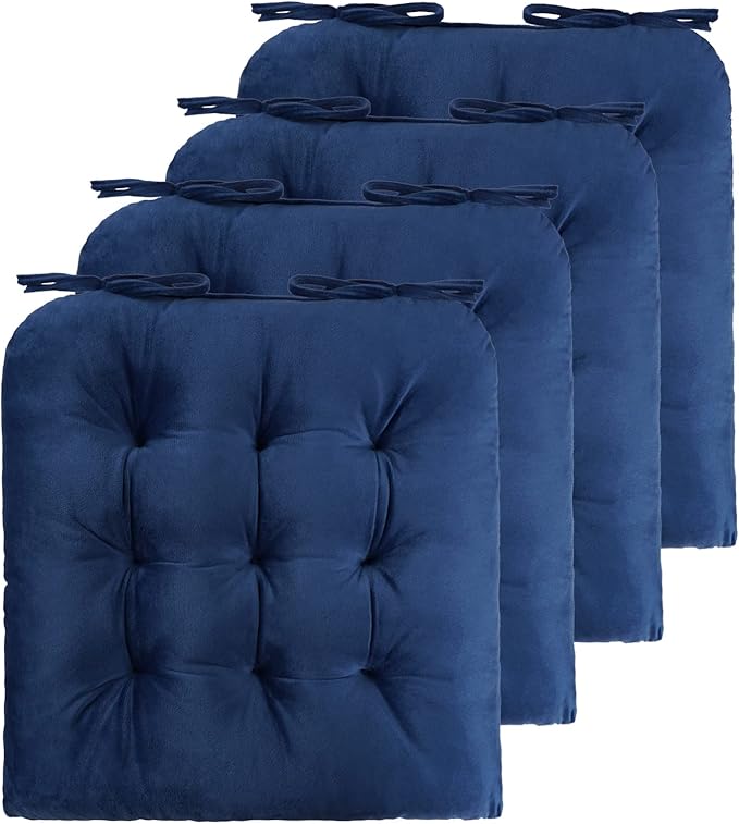 ELFJOY 4 Pack Chair Cushions for Dining Chairs Chair Pads Cushion for Kitchen Office Tufted Square Seat Cushion with Ties (U Shape Navy)