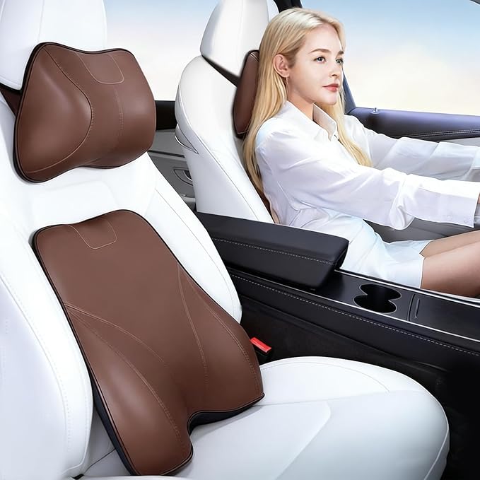 2PCS Leather Memory Foam Car Headrest Pillow Ergonomic Neck Pillow, Universal for Tesla Model Y/3/X/S BMW X3 X5 Lexus TX350 NX350 350h RX350 Volvo XC60 XC90 for Neck Pain Relief(Brown)