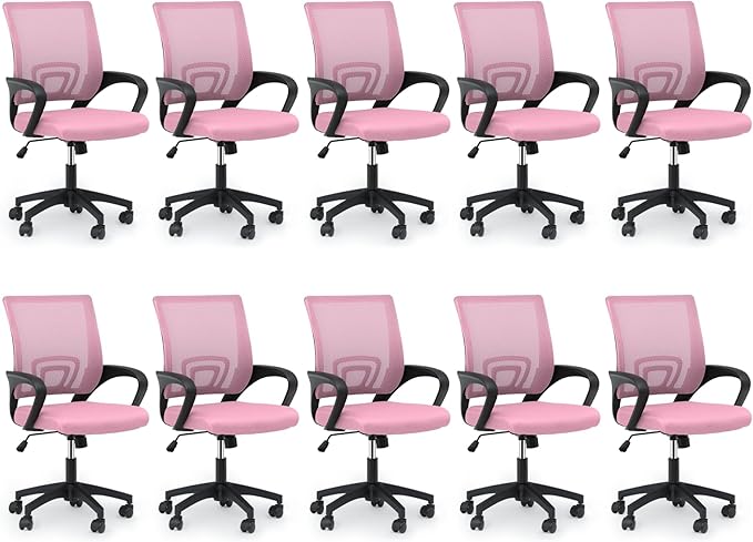 MoNiBloom Mesh Office Chair, Ergonomic Computer Chair for Adults, Rolling Swivel Mid-Back Desk Chair with Lumbar Support, Comfy Armrest for Home Office, Gaming, Pink 10 Pack