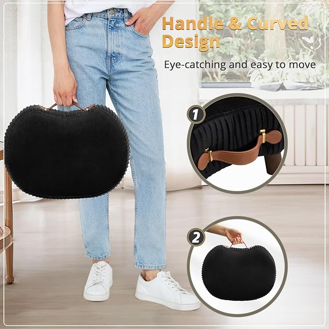 LUE BONA Small Curved Foot Stool with Handle, Black Velvet Footstool and Ottomans, Modern Foot Rest with Wooden Legs, Step Stool with Padded Seat for Couch, Living Room
