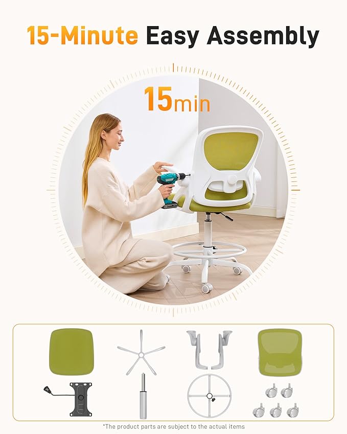 LukkDys Drafting Chair with 4D Multi-Adjustable Backrest, Tall Office Chair 19.7"-27.6" Seat Height, Ergonomic Standing Desk Chair with Flip-up Arms, Foot Ring, Green&White